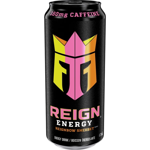 Reign Energy Reignbow Sherbet Can, 473 mL, front-facing black aluminum can with a yellow, pink, and orange crown logo, labeled with 180 mg natural caffeine, zero sugar, BCAAs, and electrolytes, ideal for fitness-focused energy support.