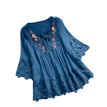 yoeyez Hauts Grande Taille pour Femmes Chemises Vintage en Patchwork de Dentelle Blouse à Nœud Col en V Broderie T-Shirt d'Été à Fleurs Manches 3/4 Bleu 3TG