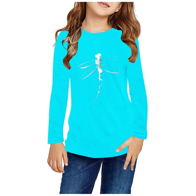 RXIRUCGD Chemises à Manches Longues pour Filles, Col Rond Mignon, Blouses Décontractées Élégantes (Bleu Clair, Taille : 5 Ans)