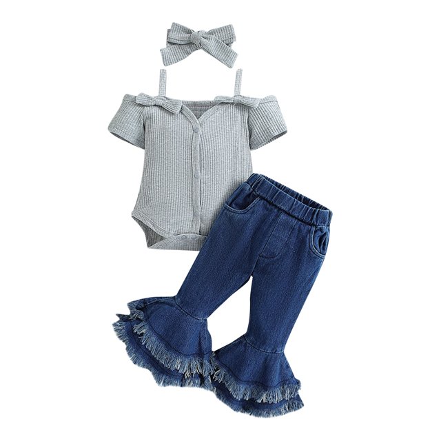 Yuyuzo Newborn Baby Girl Clothes Set Ribbed Knit Button down Romper Flare Jeans Infant Outfits with Headband