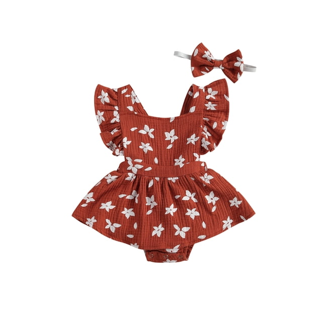EYIIYE Baby Girl Floral Romper Dress + Headband Ruffle Halter Bodysuit