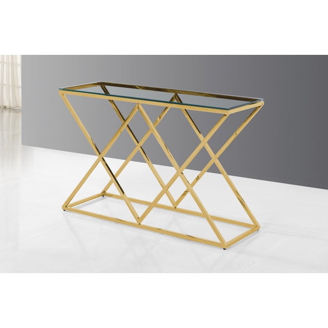 K-Living Castor Sofa Table/ Console Table with Tempered Glass Top and Stainless-Steel Gold Frame featuring a clear rectangular tempered glass surface supported by a polished gold geometric X-shaped base, designed for living room and accent table use, and suitable for displaying decorative items or as a stylish entryway console.