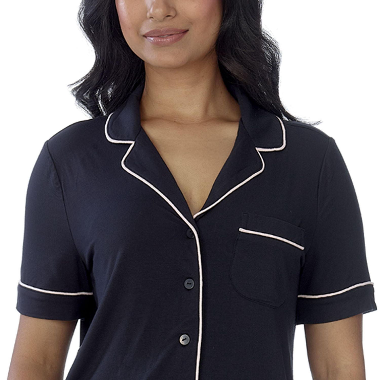 Secret Sleep Short Sleeve Button Top with Piping - Online exclusive