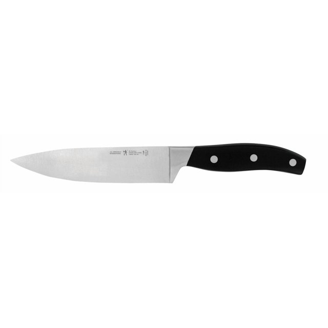 Henckels International Forged Contour Couteau Utilitaire de 6 Pouces avec Lame en Acier Inoxydable à Finition Satinée, Forgé et Trempé avec Précision pour une Tranchant Durable. Il a un Manche en Résine Synthétique Noire Profilée avec Trois rivets et une Soie Entièrement Apparente pour la Durabilité et l'Équilibre, Idéal pour des Tâches de Coupe de Cuisine Précises.