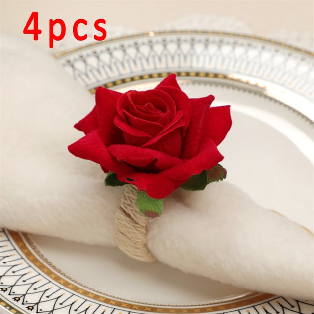 Sales Today Clearance! 4PCS Rose Flower Napkin Rings, Artificial Flower Napkin Holders, Serviette Buckles for Table Setting, Wedding Party Decor, Elegant Dinnerware Accessories