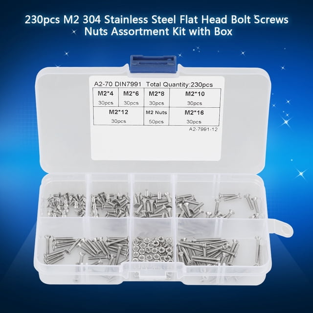 Kit Vis et Écrous à Tête Plate en Acier Inoxydable 304 230Pcs M2 Kit d'Assortiment de Vis à Tête Plate en Acier Inoxydable 304 avec Boîte