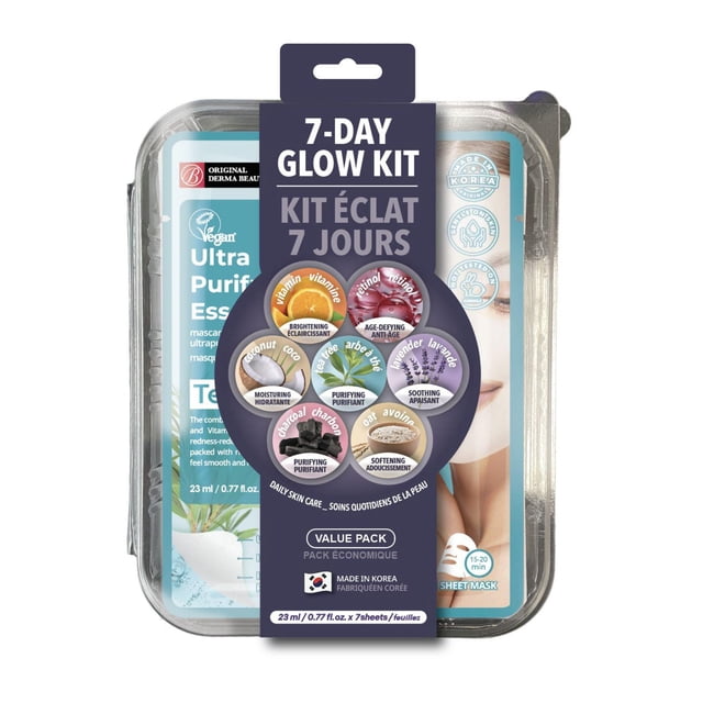 Original Derma Beauty 7-Day Glow Kit containing seven sheet masks in a clear plastic container, each formulated with ingredients like vitamin C for brightening, retinol for anti-aging, coconut for moisturizing, tea tree and charcoal for purifying, lavender for soothing, and oat for softening skin, designed for daily hydration and enhancing natural radiance, made in Korea.