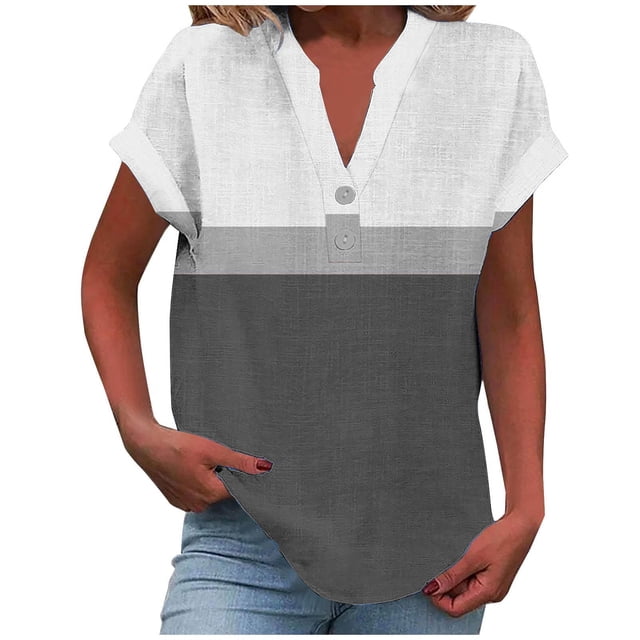 fatyb Womens Printed V Neck Tops Short Sleeve Button V Neck Tshirts Lightweight Summer Beach Blouses