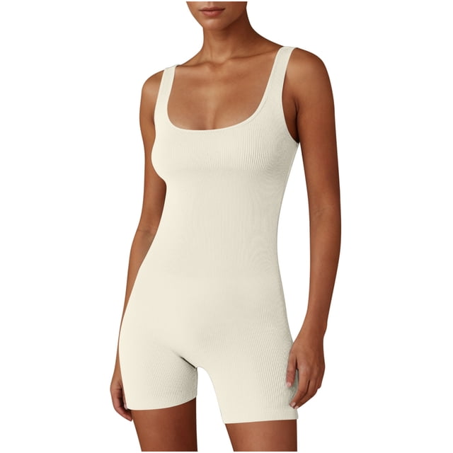 Yuyuzo Women Workout Jumpsuits Ribbed Square Neck 1 Piece Seamless Tank Top Sleeveless Rompers