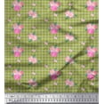 thumbnail image 1 of Soimoi Green Viscose Chiffon Fabric Pink Flower & Check Decor Fabric Printed BTY 42 Inch Wide, 1 of 5