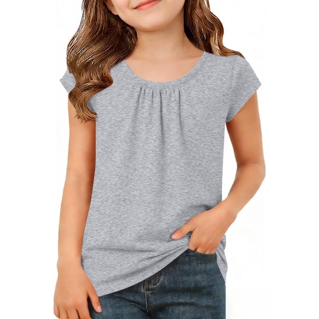 EGNMCR T-shirt Plissé à Manches Courtes et Col Rond Uni pour Enfants, Printemps et Été, Haut en polyester pour Enfants