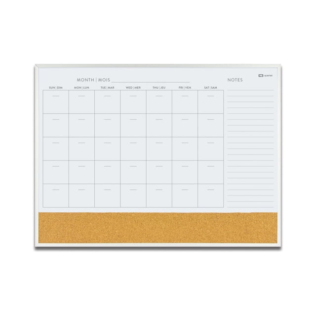 Quartet Tableau Calendrier Combiné en Aluminium 17 x 23 avec Grille de Calendrier Mensuel Effaçable à Sec Comprenant des Étiquettes de Jour Bilingues, une section de notes Lignées sur la Droite et une Bande de Liège au Bas pour Épinglage, Encadré en Aluminium, Idéal pour le Bureau Ou l'École.