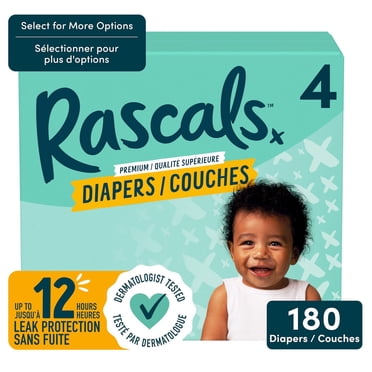 Rascals Premium Absorbent Baby Diapers, Size 4, Mega Carton, 180 Count