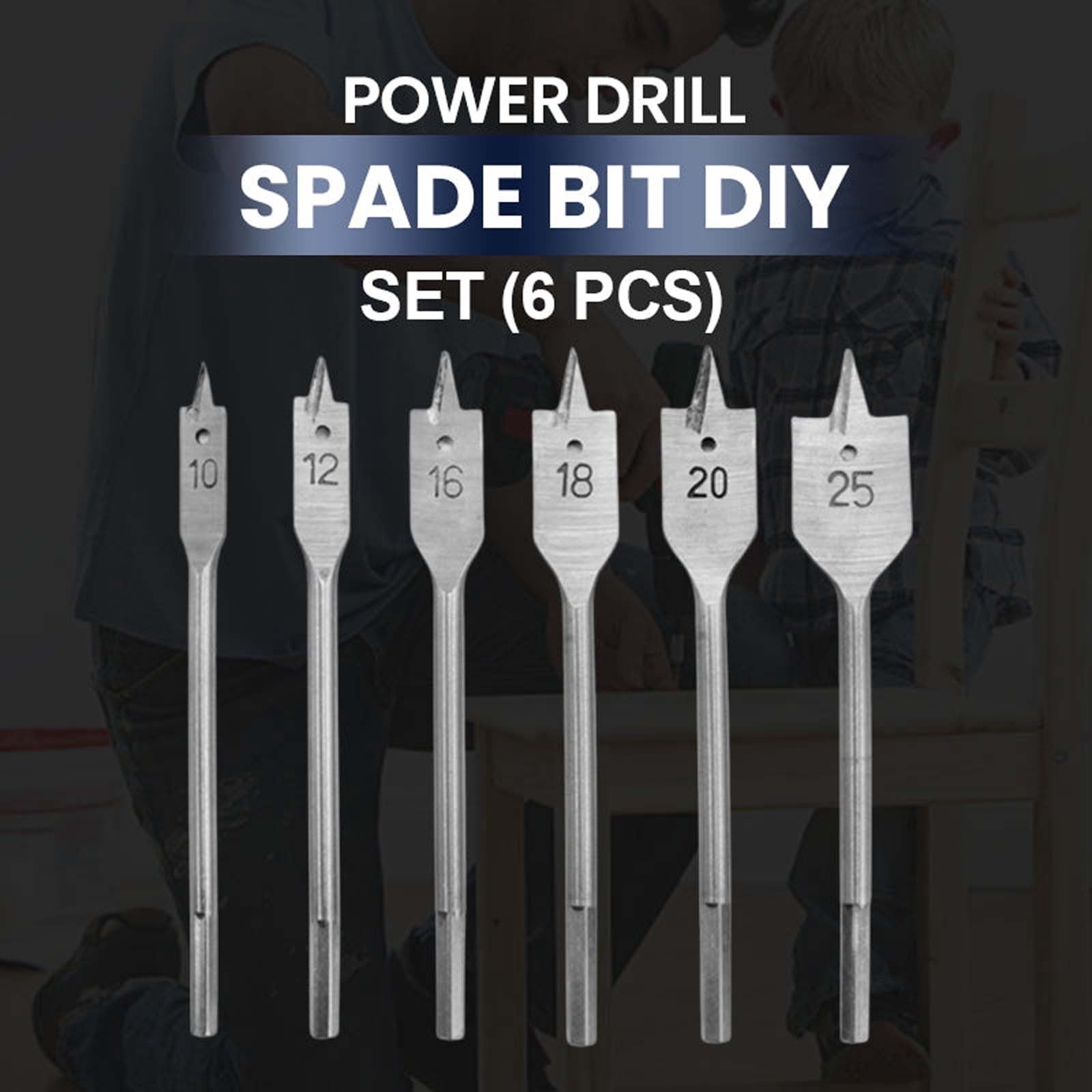 TOUMENY 6pcs Spade Drill Bit Set, Industrial Flat Wood Boring Bits High Carbon Steel Hex Shank for Fast Drilling, Carpenter Paddle Drill Bit Kit for Woodworking Power Tools