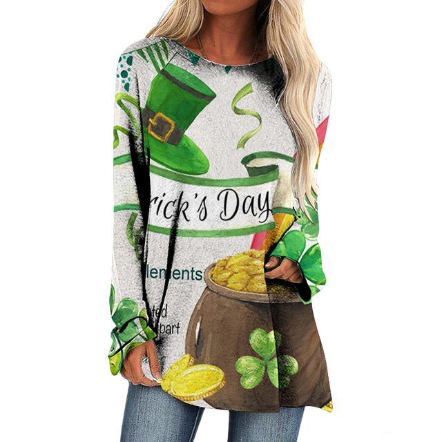 Qertyioot Femmes Tops Mode Femmes St. Patrick'S Day Imprimé Col Rond Manches Longues en Vrac T-shirt Top