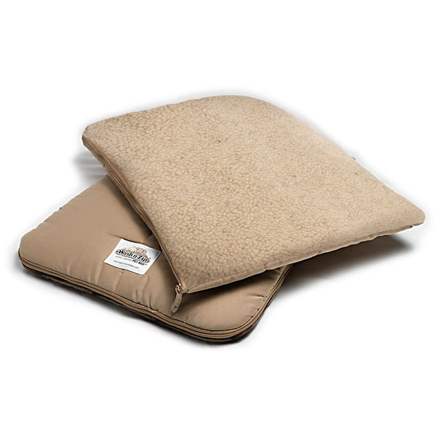 Wash 'n Zip Pet Bed in medium size with oatmeal sherpa fabric, featuring a patented single-piece folding design. The bed unzips into a washable blanket and serves multiple functions, including as a pet bed, crate pad, furniture throw, car seat cover, or throw blanket. The image shows the bed partially unzipped, highlighting its soft sherpa texture and durable construction.