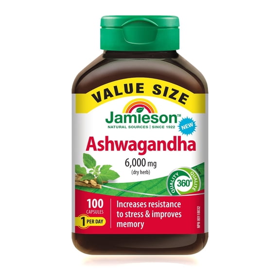 Jamieson capsules d'ashwagandha, 6000 mg, pour la soutien au stress, format économique, 100 capsules