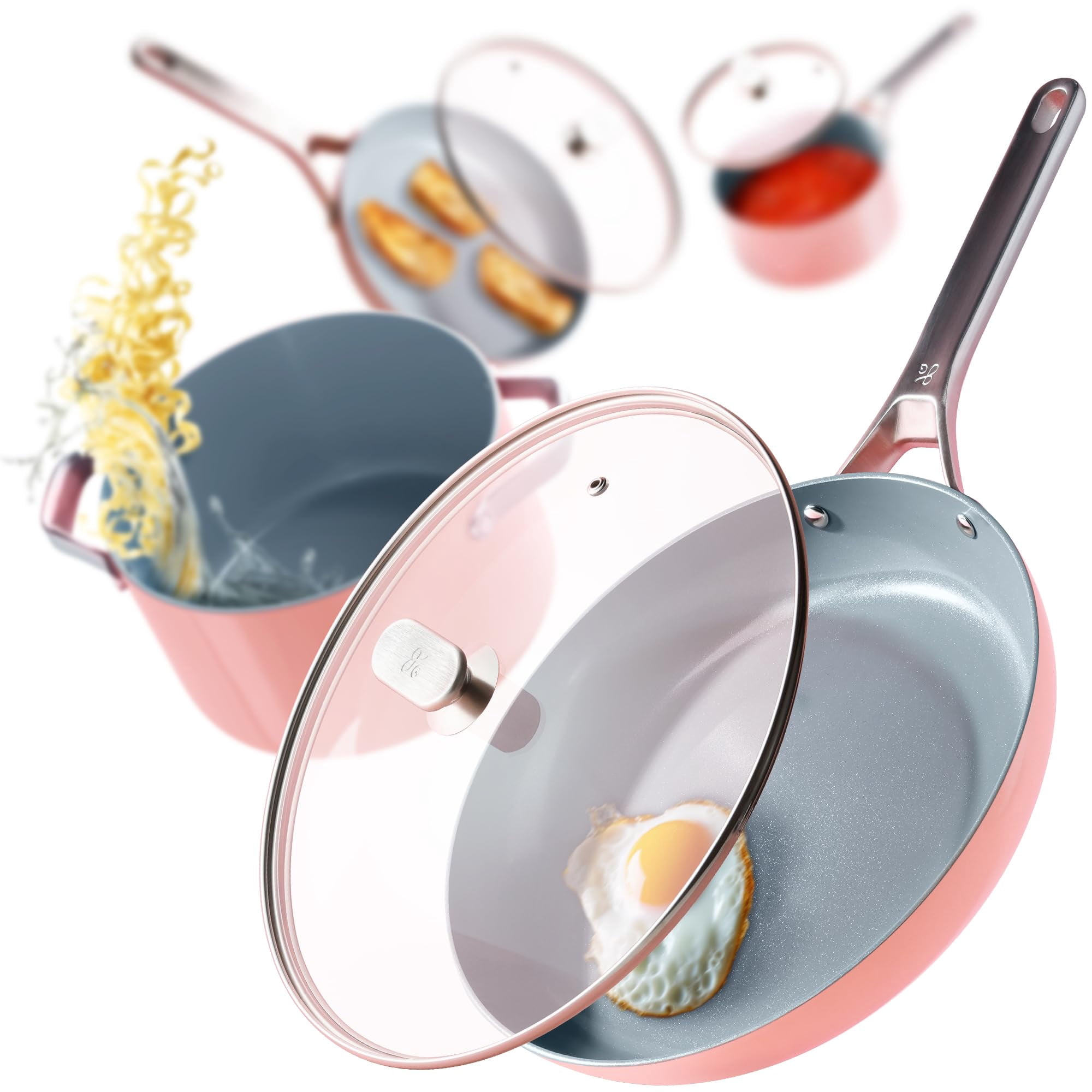 Greater Goods Chef's Grade Ceramic Nonstick Cookware Set - 12 Piece, Pots and Pans Set with Lids, Pink