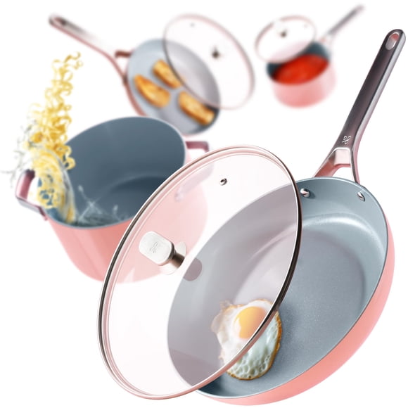 Greater Goods Chef's Grade Ceramic Nonstick Cookware Set - 12 Piece, Pots and Pans Set with Lids, Pink