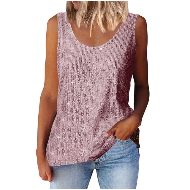 Plebaso Débardeurs à Paillettes à Col Ras du Cou pour Femmes, Hauts Sans Manches Scintillants, Débardeurs de Mode pour Fêtes, Tenue de Boîte de Nuit