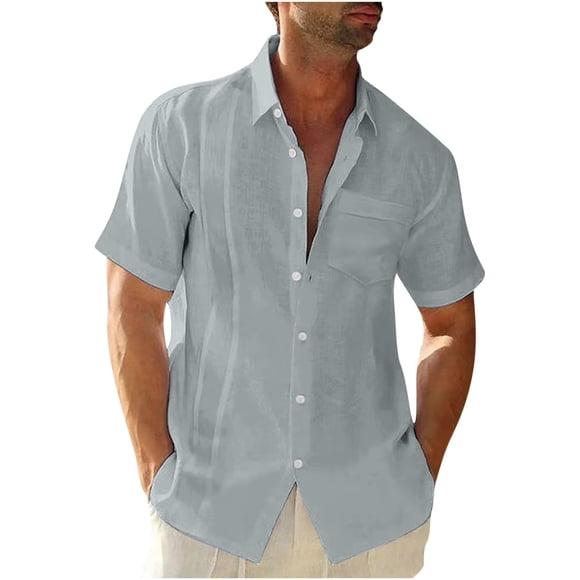 cllios Chemises en Lin pour Hommes Guaybera Cubain T-Shirts à Manches Courtes Décontractés Chemises Boutonnées T-Shirts Coupe Régulière Col à Revers Hauts de Plage Chemise d'Été pour Vacances en Camp