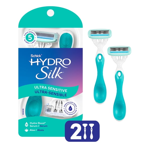 Rasoirs jetables à 5 lames Schick Hydro Silk pour peau ultra-sensible, emballage de 2 rasoirs pour femmes