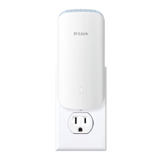 D-Link AQUILA PRO AI AX3000 Wi-Fi 6 Smart Mesh Extender (E30) plugged into a white electrical outlet, featuring a compact white design with rounded edges and ventilation holes on top, engineered to extend mesh Wi-Fi 6 coverage up to 2,800 sq. ft. and improve home network performance.