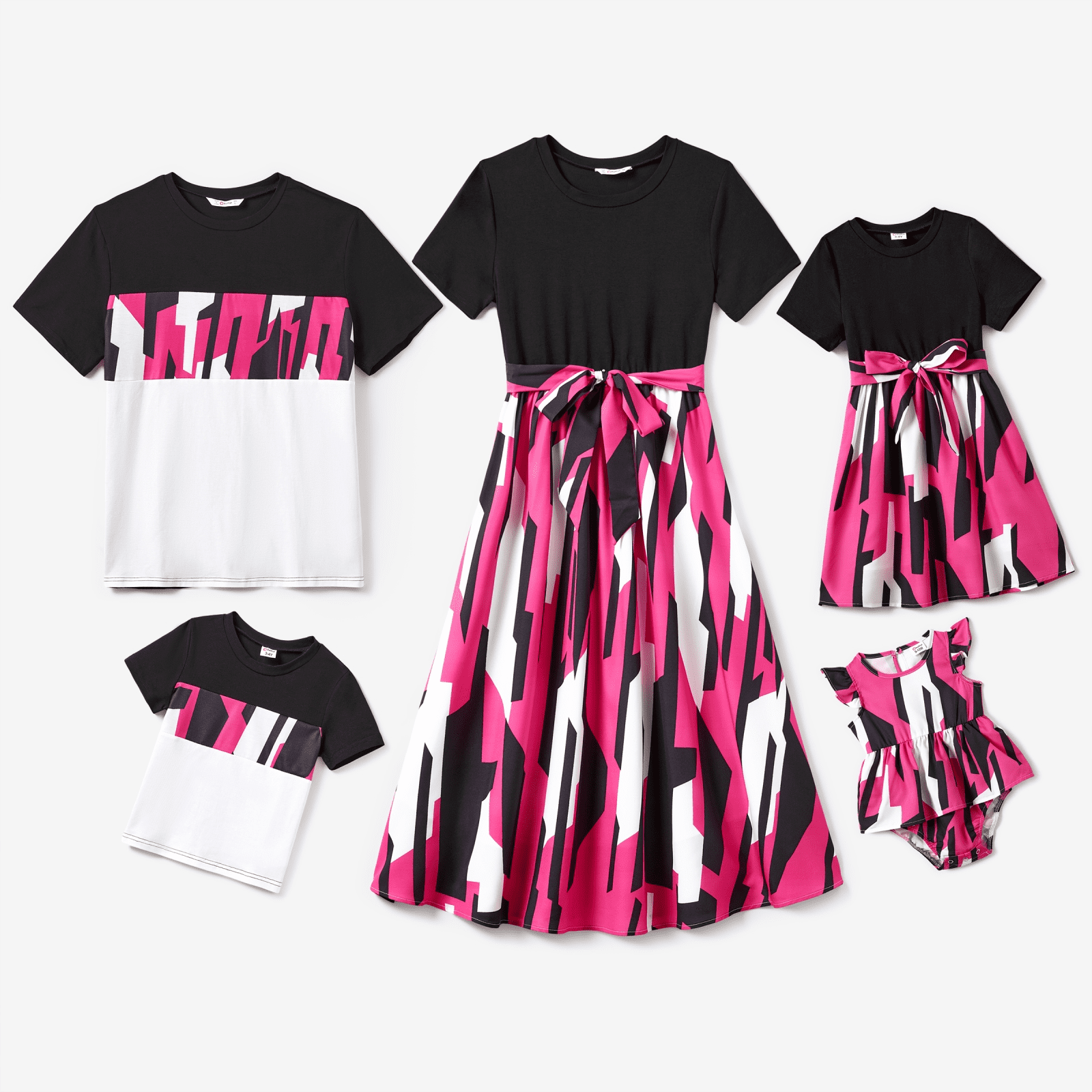 PatPat Family Matching Color Block Tee and Geometric Pattern Dress Sets