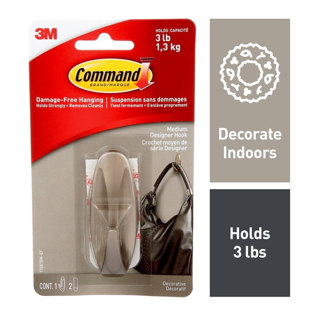Command™ Crochet Moyen de Designer, 17081BN-EF en taupe sur Emballage de 3 m, Supporte jusqu'à 3 Lb (1,3 kg) pour une Suspension Sans Dommages sur Diverses surfaces, Idéal pour la Décoration Intérieure et l'Organisation d'Articles comme les Sacs à Main et les Manteaux.