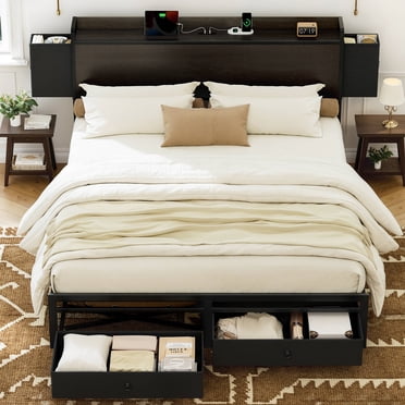 GUNAITO Cadre de Lit Double avec Tête de Lit de Rangement, Cadre de Lit Plateforme avec 2 Grands Tiroirs, Lit en Métal avec Station de Recharge et Ports USB, Brun Foncé