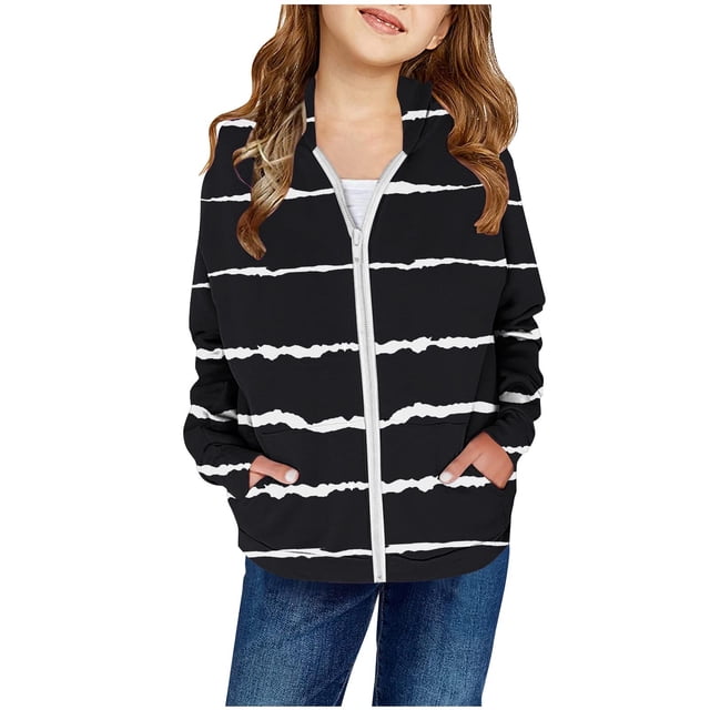 FAOWME Sweat à Capuche pour Filles avec Poche Imprimée et Fermeture Éclair, Cardigan Noir 9-10 Ans