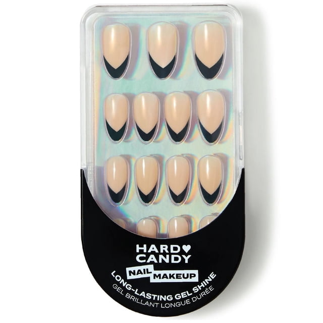 Hard Candy Nail Makeup press-on nails set with 30 reusable nude nails featuring black V-shaped tips, in clear plastic packaging with black base labeled for long-lasting gel shine, suitable for easy, salon-quality manicures at home.