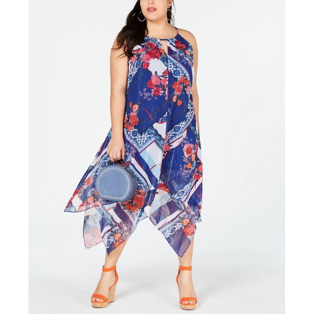 Inc Concepts Robe Midi Asymétrique Florale pour Femmes, Marine, 0X