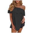 thumbnail image 1 of Pompotops Women's Ruffled Neck Short Sleeve Solid Shirts Blouses Elegant Tunic Tops, 1 of 5