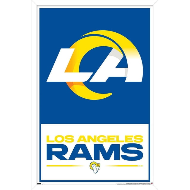 NFL Los Angeles Rams - Affiche Murale Logo 21, 22,375 Po x 34 Po Encadrée avec un Fond Bleu Centré Présentant un Grand Logo La Jaune et Blanc au-Dessus du Texte Jaune et Bleu Audacieux « Los Angeles Rams » et un Petit Logo de Tête de Bélier en Dessous, Convient à la Déco Murale dans les Chambres, Bureaux Ou Dortoirs.
