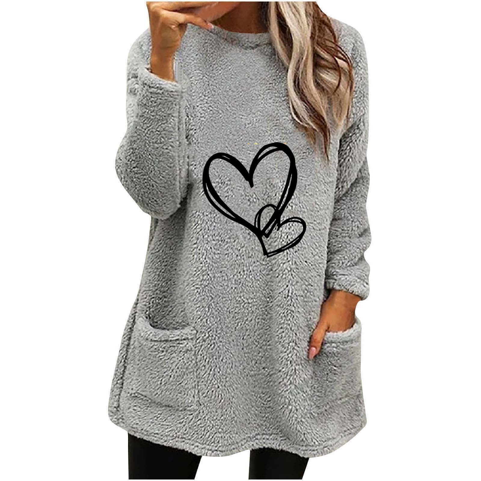 Pisexur Chandails pour Femmes en Molleton à Imprimé Cœur Col Rond Chandail chandail Hauts à Manches Longues pour Femmes Chandail d'Hiver Chaud Décontracté Ample Surdimensionné pour Femmes avec Poches
