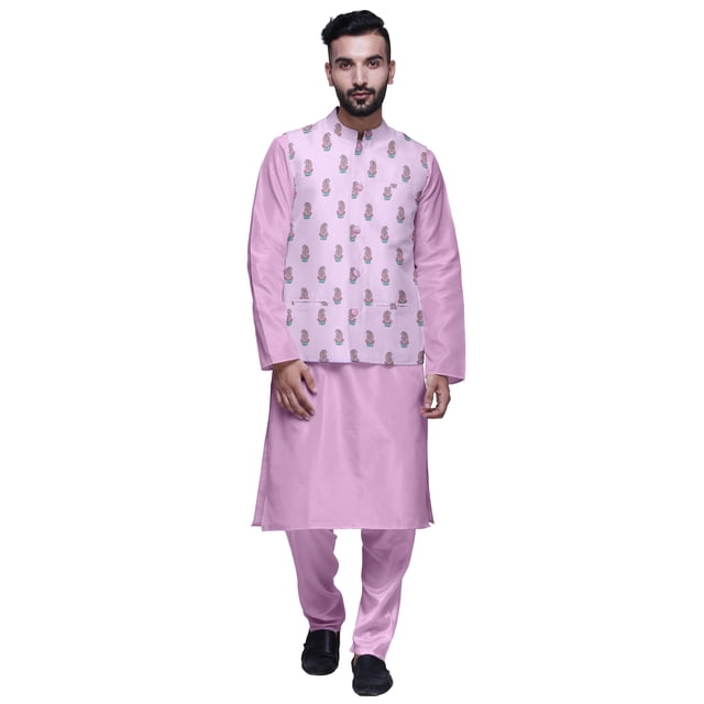 Atasi Mandarin Collar Traditional Solid Kurta Pajama With Printed Jacket Set