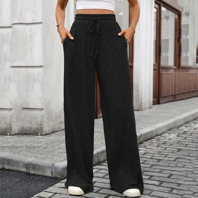 Ailaofu Womens Ribbed Wide Leg Lounge Pants with Pockets Casual Relaxed Comfy Loose Soft Knit Pajama Pants with Drawstring