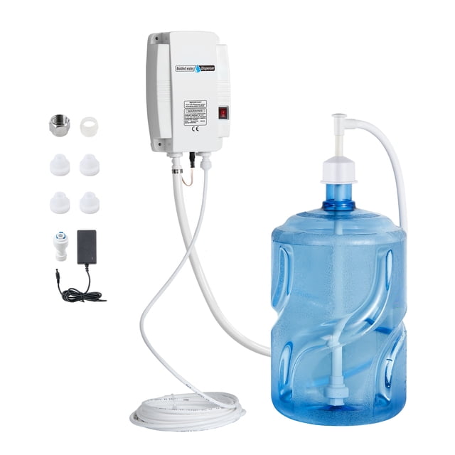 KFFKFF Water Pump Dispenser for 5 Gallon Bottles, electric system with single inlet design. Includes connectors, tubing, and power adapter. Compatible with coffee machines, fridges, ice makers, and tea machines. Features quiet operation with shock-absorbing pads and durable white plastic housing.