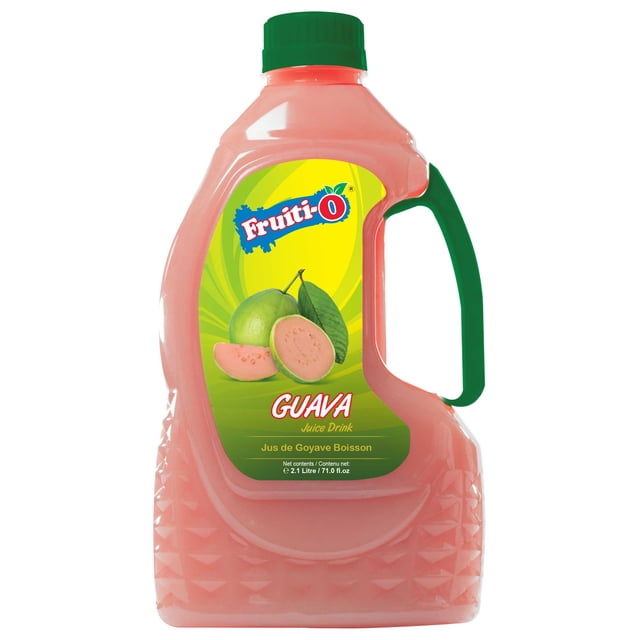 Fruiti-O Guava Juice 2.1L plastic bottle with pink juice, green handle and cap, labeled with whole and sliced guavas on a yellow-green background, offering a natural fruit juice blend ideal for tropical refreshment and versatile use in cocktails and mocktails.