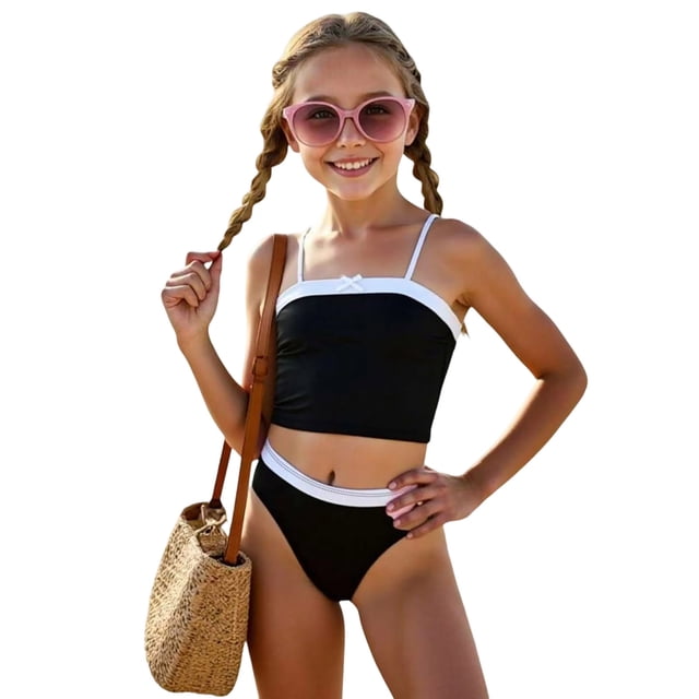 Girls Swimsuit 2 Piece Cute Tankini Set for Girls Adjustable Spaghetti Strap Design Swimsuit Set for Beach Pool Party Outfits Summer