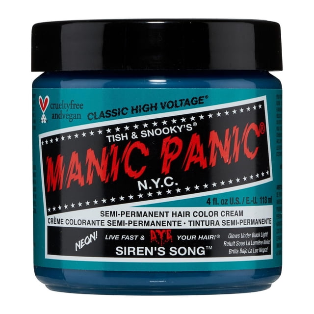 Manic Panic Siren's Song semi-permanent hair colour cream in a 4 fl. oz. blue jar with black lid, cruelty-free and vegan, designed for vibrant neon hair colour that glows under black light, ideal for personal hair care and semi-permanent hair colour use.