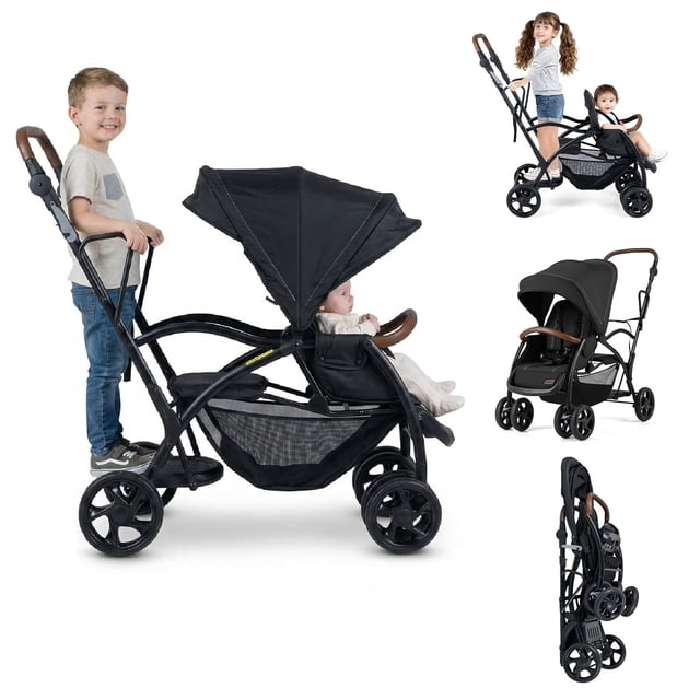 INFANS Double Stroller with leather handle, featuring a front seat with 2-position recline and a rear standing board. The stroller includes a 5-point harness, dual rear brakes, and lockable front wheels. Designed for toddlers, it has an adjustable sun canopy, large underseat storage, and a foldable frame for easy transport. Shown in dark grey with a child seated in the front and another standing on the rear platform.