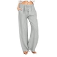 thumbnail image 1 of RKSTN Womens Pants Fall Casual Cotton Linen Drawstring Long Pants Elastic Waist Lightweight Wide Leg Pants with Pockets, 1 of 9