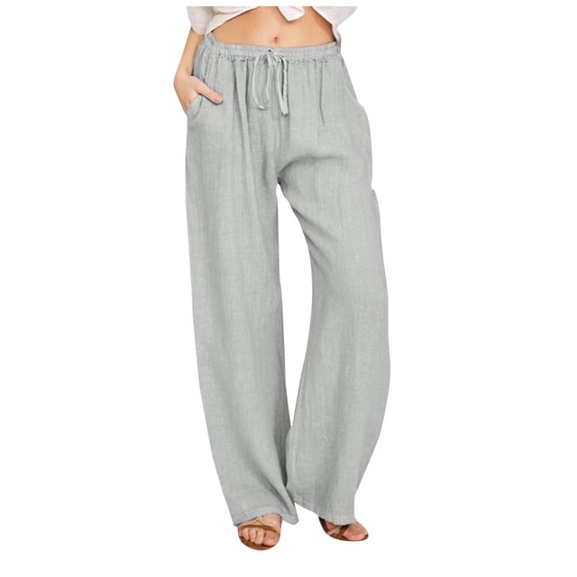 RKSTN Womens Pants Fall Casual Cotton Linen Drawstring Long Pants Elastic Waist Lightweight Wide Leg Pants with Pockets