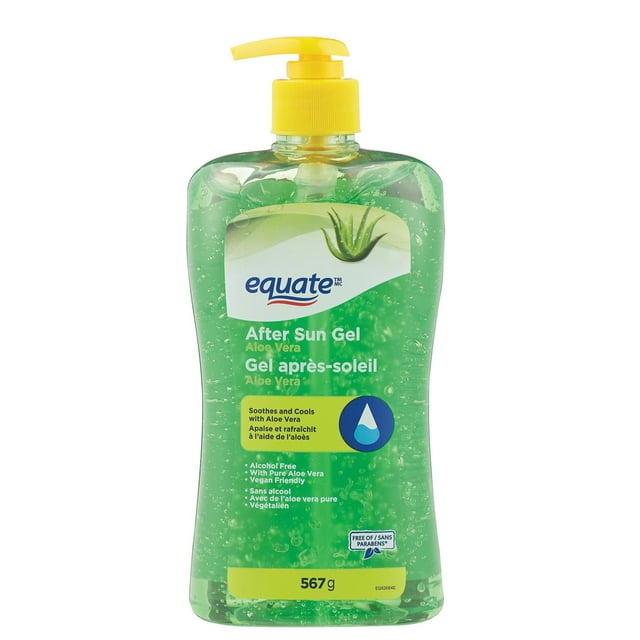 Equate Aloe Vera After Sun Gel in a clear green 567 g pump bottle with yellow dispenser, alcohol-free and vegan-friendly soothing gel that cools and hydrates sun-exposed skin, free of parabens and made with pure aloe vera.