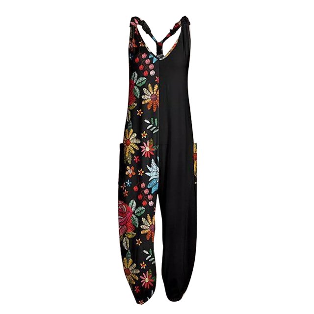 MAWCLOS Women's Floral Print V Neck Jumpsuit, Black, 4XL