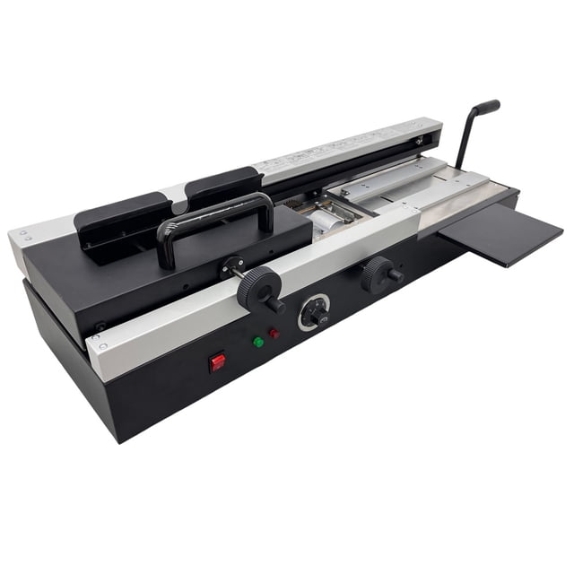 INTBUYING Manual Hot Glue Binder Desktop Binding Machine 110V front-facing view of a black and white metal desktop thermal binding unit with visible clamping handle and cover desk; binds 1 to 400 sheets (max 40mm), 1200W, 200 books per hour, often used for small-run booklets or photo albums.