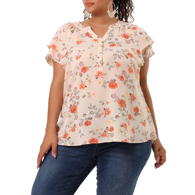 GRACE & GRANDEUR Hauts pour Femmes Grande Taille Rétro à Fleurs Col en V à Étages Manches Courtes Blouses 4X Rose