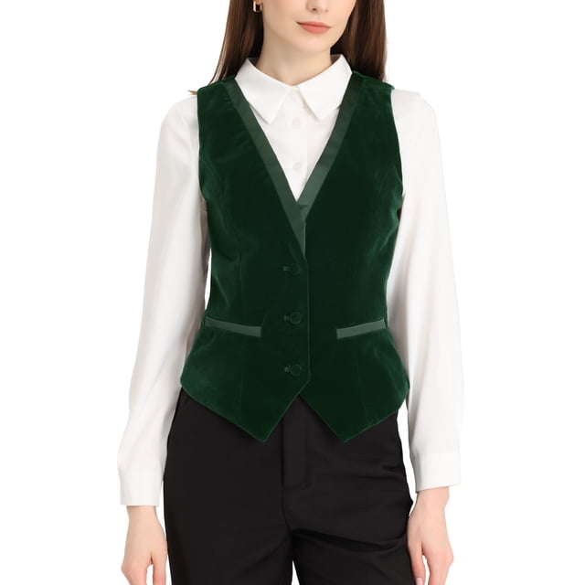 INSPIRE CHIC Gilet de Complet en Velours pour Femme, Blazer Steampunk Rétro Sans Manches CHIC, Vert Foncé, Taille G. Ce Gilet d'Inspiration Vintage Présente un Col en V, un design à Simple Boutonnage et un Ourlet Irrégulier. Fait de 60 % nylon et 40 % polyester, Il a un Tissu en Velours Doublé avec de Fausses Poches et un style Dos Nageur. la Bordure Satinée Contrastante Ajoute une Touche Élégante, le Rendant Adapté aux Tenues Décontractées, au Travail de Bureau, aux Fêtes Ou aux occasions Festives comme Noël et l'Halloween.